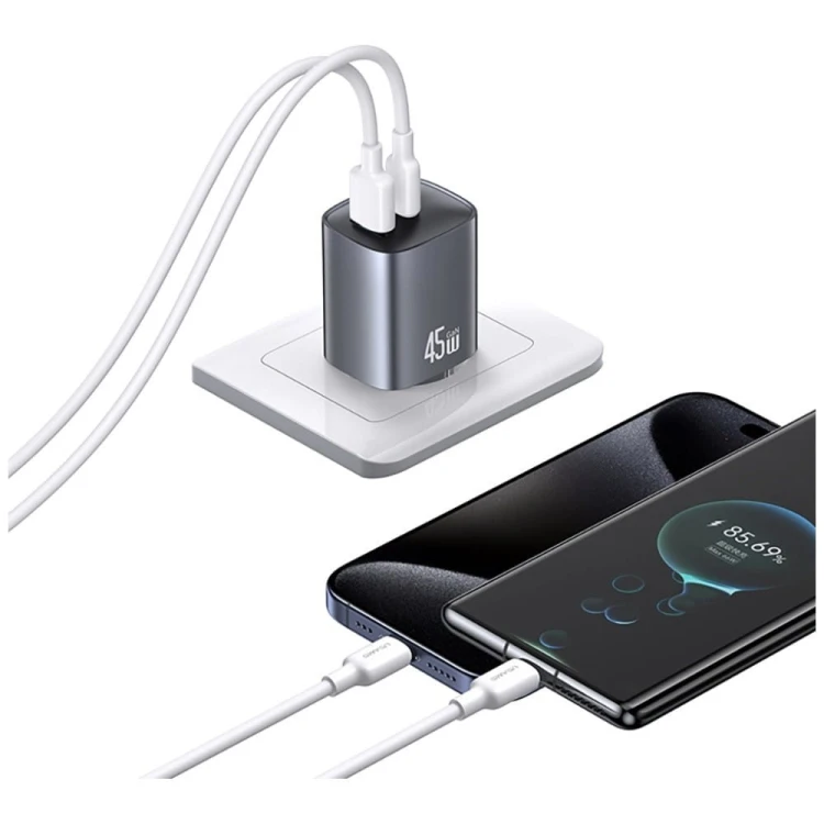 USAMS Ładowarka sieciowa T66 45W CC290 GaN Fast charge 1xUSB-A 1xUSB-C srebrny