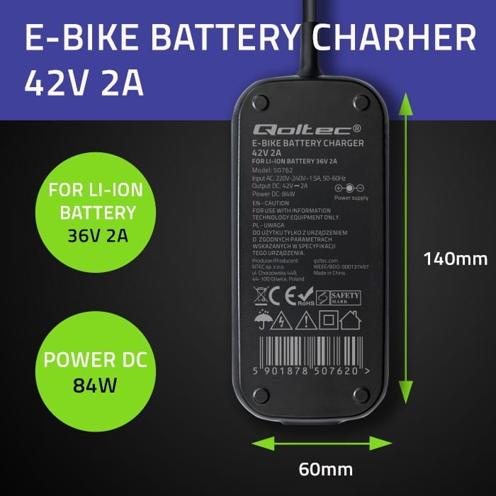 Qoltec Ładowarka Pro do roweru Bosch 36V | 42V | 2A | Bosch plug |      wodoodporna + kabel zasilajšcy