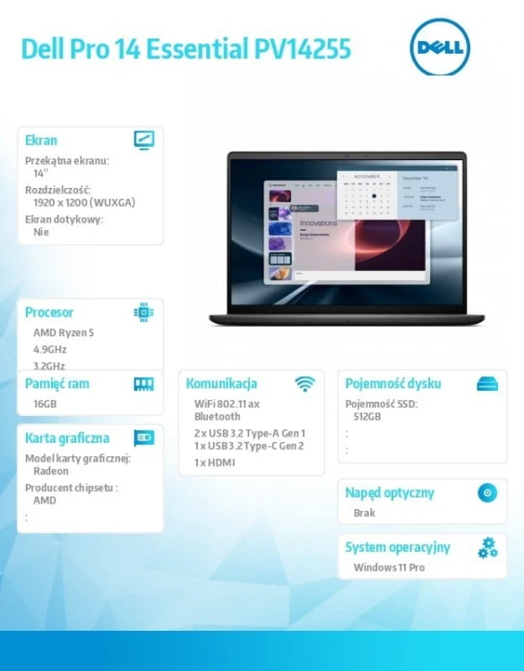 Dell Laptop Dell Pro 14 Essential PV14255 W11P Ryzen 5 220|16GB|512GB|AMD Radeon|FgrPr|WLAN+BT|14.0 FHD+|BcklKb|3C|65W|3YPS Carbon Black (Plastic)