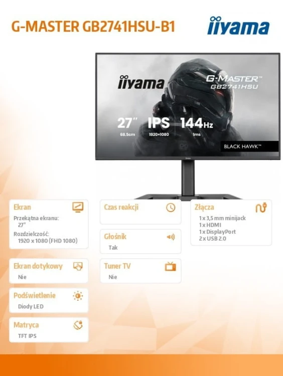 IIYAMA Monitor 27 cali GB2741HSU-B1 IPS,FHD,144Hz,1ms,2xUSB,350cd,HDMI,DP,  HAS (150) PIVOT