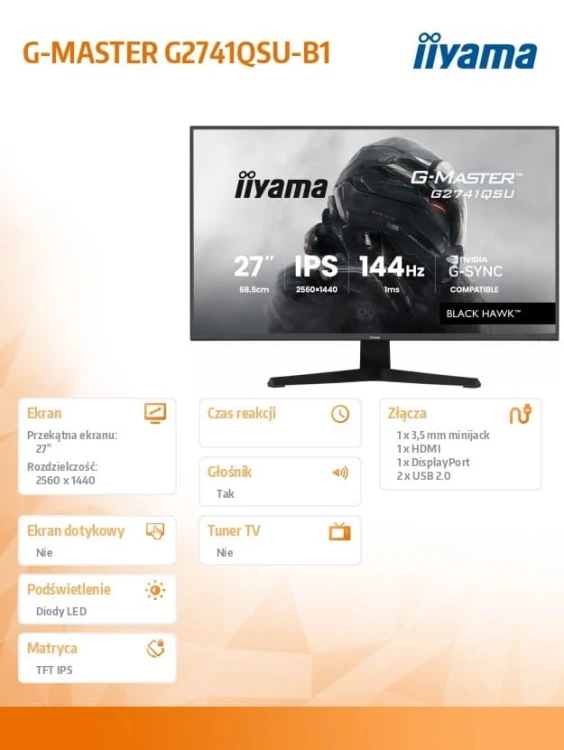 IIYAMA Monitor 27 cali G2741QSU-B1 IPS,QHD,144Hz,1ms,2xUSB                  Adaptive G-SYNC,HDMI,DP,350cd,