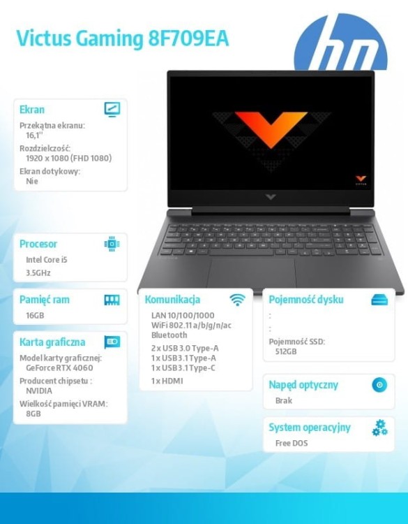 HP Inc. Notebook Victus 16-r0434nw i5-13500H/512/16/DOS/16,1/RTX4060 8F709EA