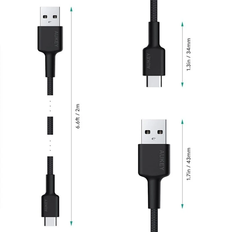 AUKEY CB-CA2 OEM kabel USB-C - USB-A 2m 60W PD 3A 20V FCP AFC nylonowy oplot czarny