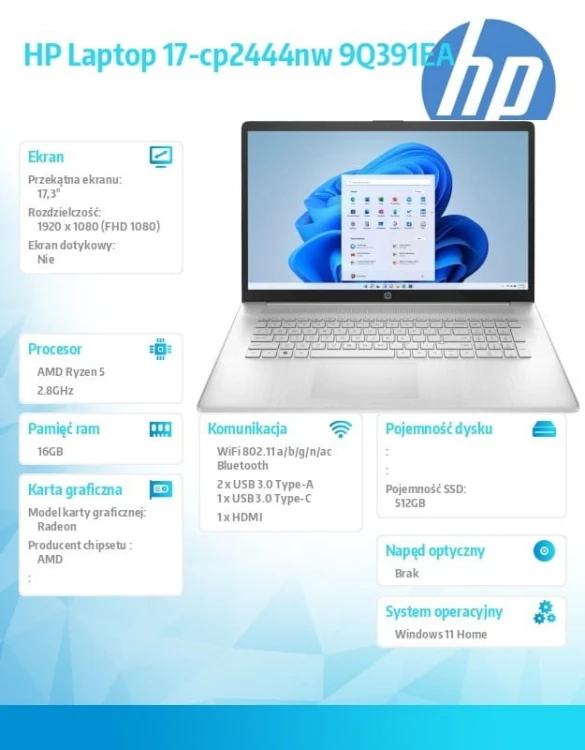 HP Inc. Notebook 17-cp2444nw R5-7520U 512/16/W11H/17.3 9Q391EA