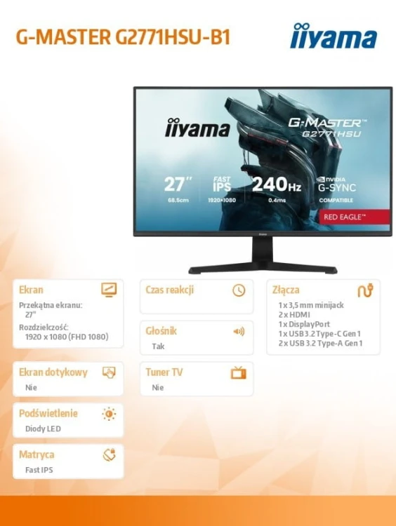 IIYAMA Monitor 27 cali G2771HSU-B1 0.4ms,Fast IPS,1xUSB 3.2, 1xUSB C,      240Hz, DP, 2xHDMI,  Adaptive G-SYNC - 1920 x 1080 @48-240Hz  DisplayPort On