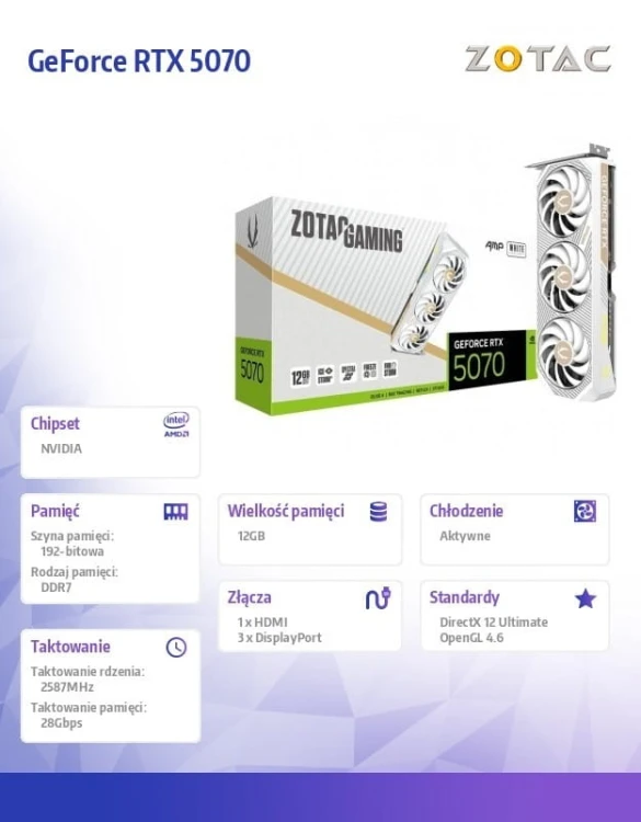 ZOTAC Karta graficzna GeForce RTX 5070 AMP 12GB GDDR7 192bit 3DP/HDMI biała