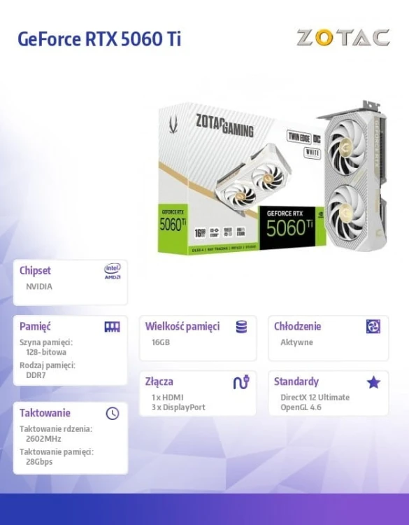 ZOTAC Karta graficzna GeForce RTX 5060 Ti 16GB TWIN EDGE OC GDDR7 128bit biała
