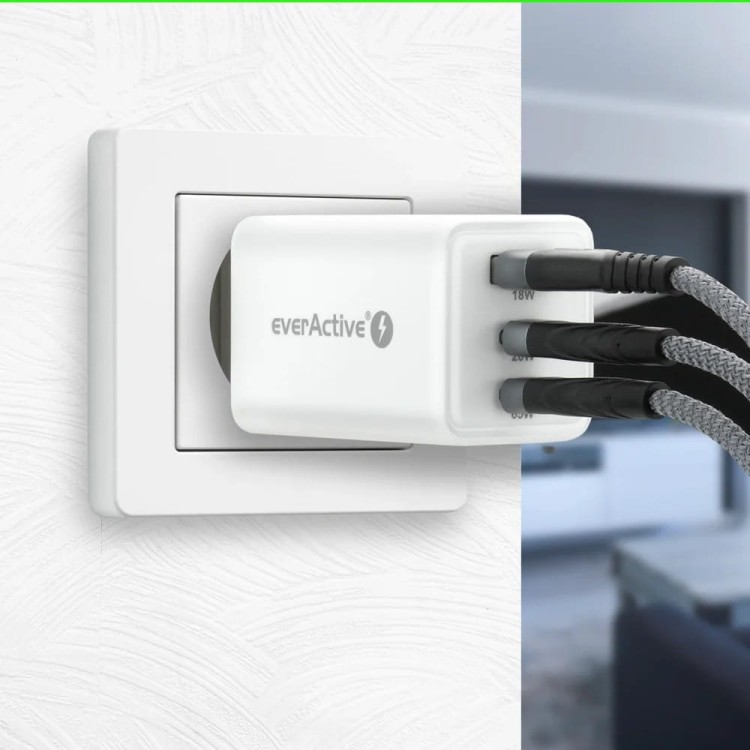everActive Ładowarka sieciowa GAN QC 4+ 65W 1XUSB 2XUSB-C biała SC-655Q