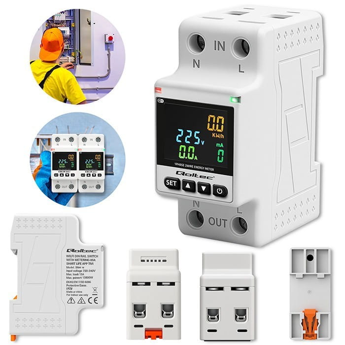 Qoltec Jednofazowy elektroniczny licznik | miernik zużycia energii | DIN35 | zdalne sterowanie | historia pomiaru | WiFi | TUYA | Smart life