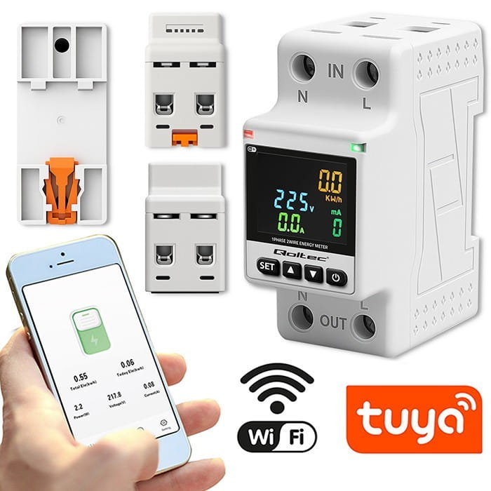 Qoltec Jednofazowy elektroniczny licznik | miernik zużycia energii | DIN35 | zdalne sterowanie | historia pomiaru | WiFi | TUYA | Smart life