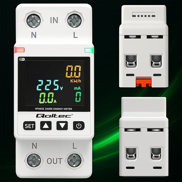 Qoltec Jednofazowy elektroniczny licznik | miernik zużycia energii | DIN35 | zdalne sterowanie | historia pomiaru | WiFi | TUYA | Smart life