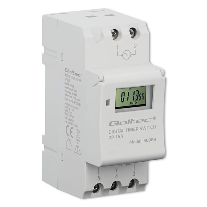 Qoltec Elektroniczny programator czasowy TIMER na szynę DIN z wbudowanš bateriš | harmonogram 7 dni | 16 programów