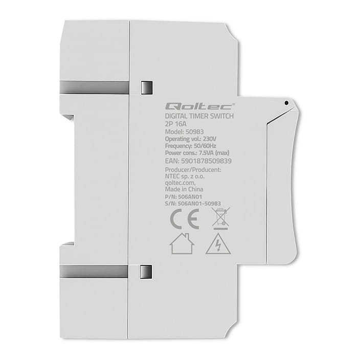 Qoltec Elektroniczny programator czasowy TIMER na szynę DIN z wbudowanš bateriš | harmonogram 7 dni | 16 programów
