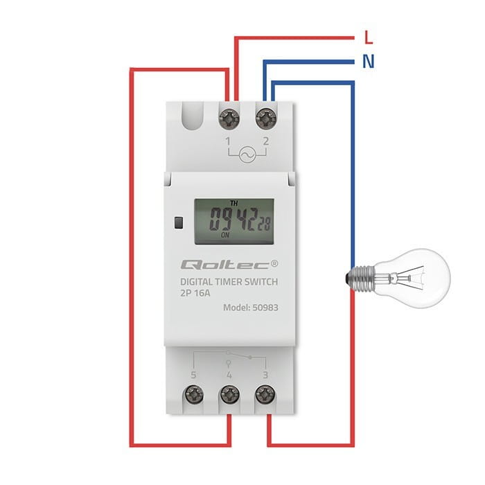 Qoltec Elektroniczny programator czasowy TIMER na szynę DIN z wbudowanš bateriš | harmonogram 7 dni | 16 programów