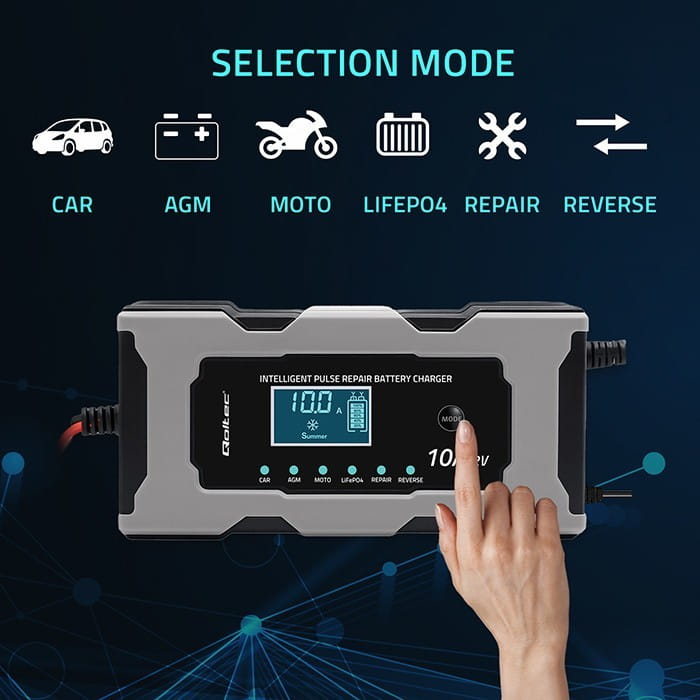Qoltec Mikroprocesorowa ładowarka 12V 10A | Prostownik z funkcją naprawy do akumulatora AGM GEL LiFePO4 | LCD