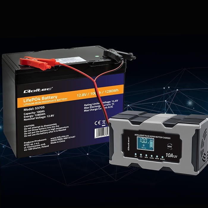 Qoltec Mikroprocesorowa ładowarka 12V 10A | Prostownik z funkcją naprawy do akumulatora AGM GEL LiFePO4 | LCD