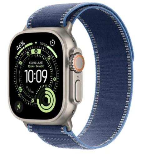 Apple Watch Ultra 3 GPS + Cellular, koperta 49 mm z tytanu w kolorze naturalnym, opaska Trail w kolorze niebieskim/jaskrawoniebieskim - rozmiar S/M