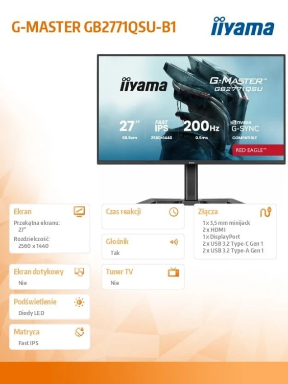 IIYAMA Monitor 27 cali GB2771QSU-B1 QHD,Fast IPS,200Hz,HAS (150) PIVOT,2xUSB 3.2,2xUSB C,0,5ms,2xHDMI,DP,350cd,Adaptive G-SYNC 1920x1080@48-240Hz DP o