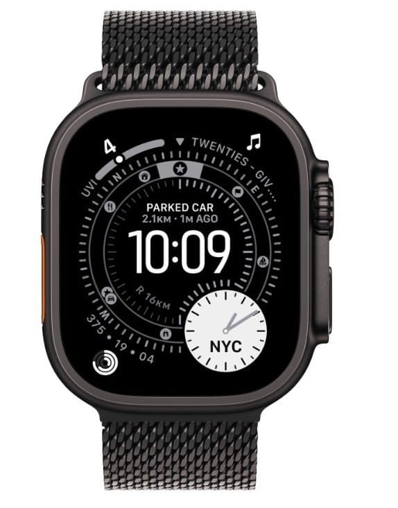 Apple Watch Ultra 3 GPS + Cellular, koperta 49 mm z tytanu w kolorze czarnym, bransoleta mediolańska z tytanu w kolorze czarnym - rozmiar M