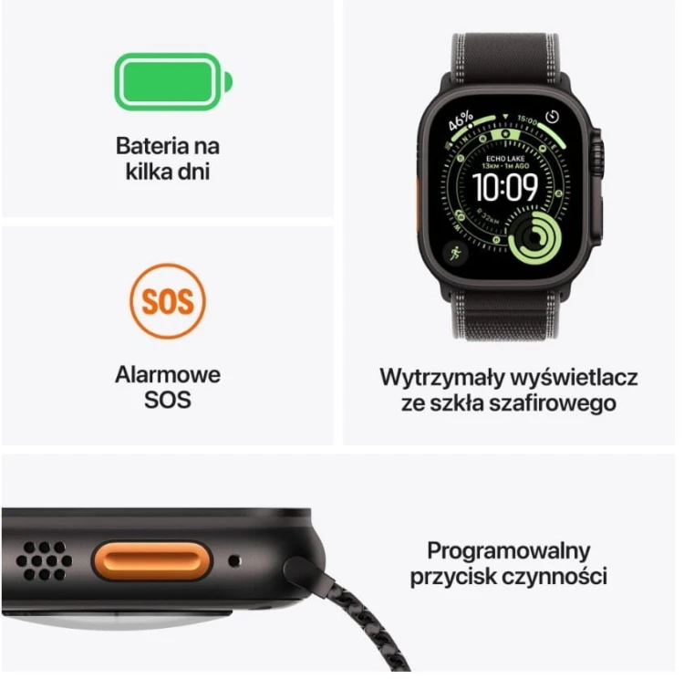 Apple Watch Ultra 3 GPS + Cellular, koperta 49 mm z tytanu w kolorze czarnym, bransoleta mediolańska z tytanu w kolorze czarnym - rozmiar M