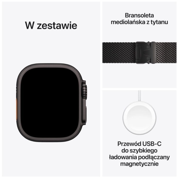 Apple Watch Ultra 3 GPS + Cellular, koperta 49 mm z tytanu w kolorze czarnym, bransoleta mediolańska z tytanu w kolorze czarnym - rozmiar M