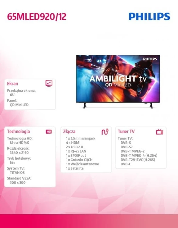 Philips Telewizor QD MiniLED 65 cali 65MLED920/12