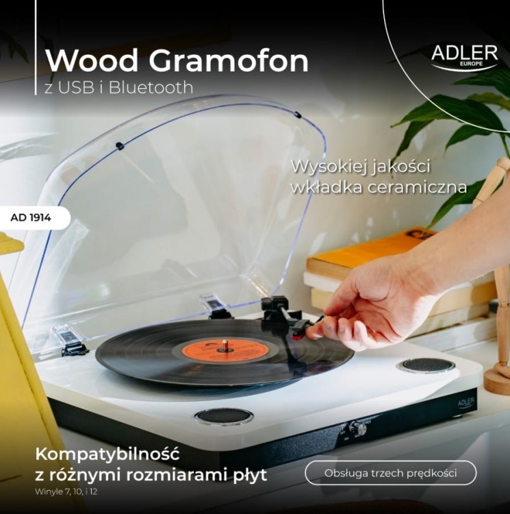Adler Gramofon AD1914 Biały USB Bluetooth