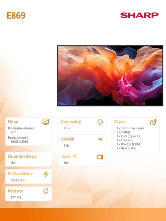 Sharp Monitor wielkoformatowy MultiSync E869 86 cali UHD 16/7 350cd/m2