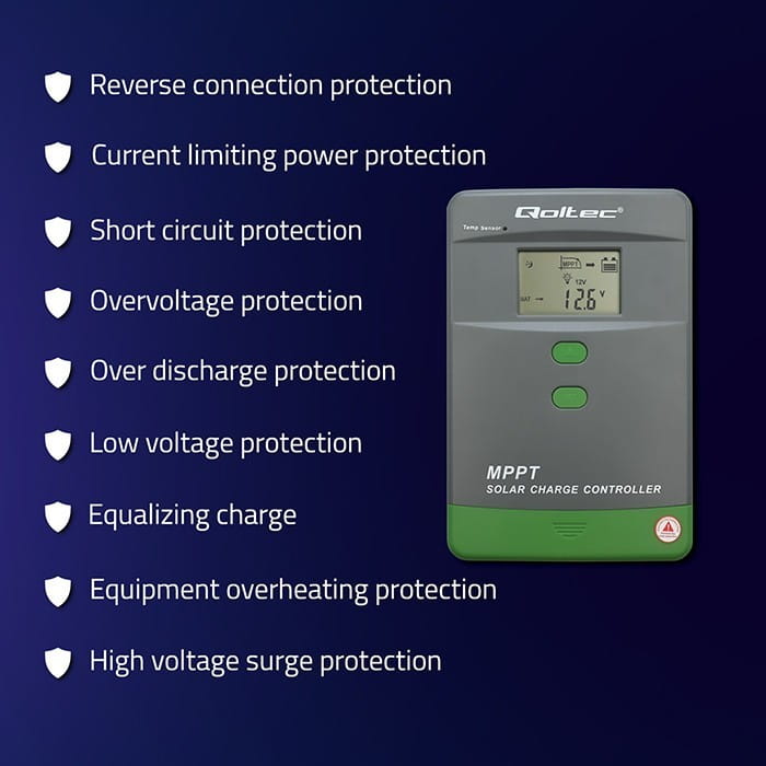 Qoltec Solarny regulator ładowania MPPT z czujnikiem temperatury 60A |  12V/24V | LCD | Bluetooth | APP | GEL | LiFePO4