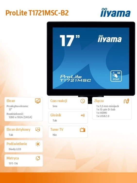 IIYAMA Monitor ProLite 17 cali T1721MSC-B2 POJ.10PKT.TN,IPX3,HDMI