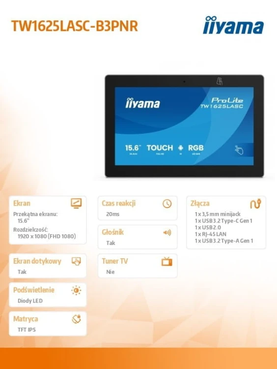 IIYAMA Monitor 16 cali TW1625LASC-B3PNR ANDROID 14,FHD,10PKT,450cd,2x2W,    4xUSB, 1xUSB-C,RJ45, MIC, RK3567, 4/32GB, LED lightbar, iiSign2, NFC, 24/7