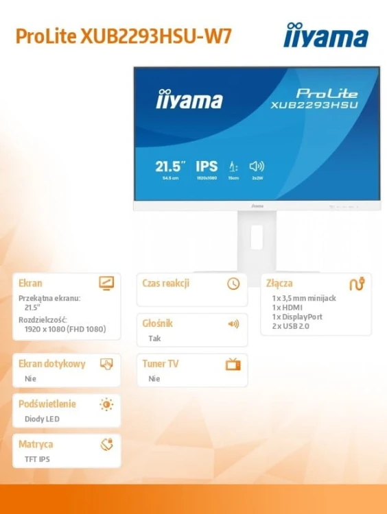 IIYAMA Monitor 22 cale XUB2293HSU-W7 IPS, 100Hz, Pivot, HAS(150mm), 300cd,   BIAŁY