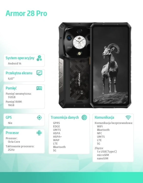 ULEFONE Smartfon Armor 28 Pro 5G 16/512GB IP69K czarny