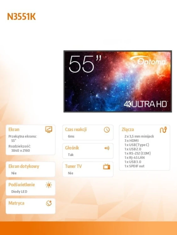 Optoma Monitor wielkoformatowy 55 cali N3551K matowy 24h/7,450cd/m2,USB-C,4K UHD (3840 x 2160),Android 11,Wifi+BT,OMS   kod producenta     H1F2C0MBW10