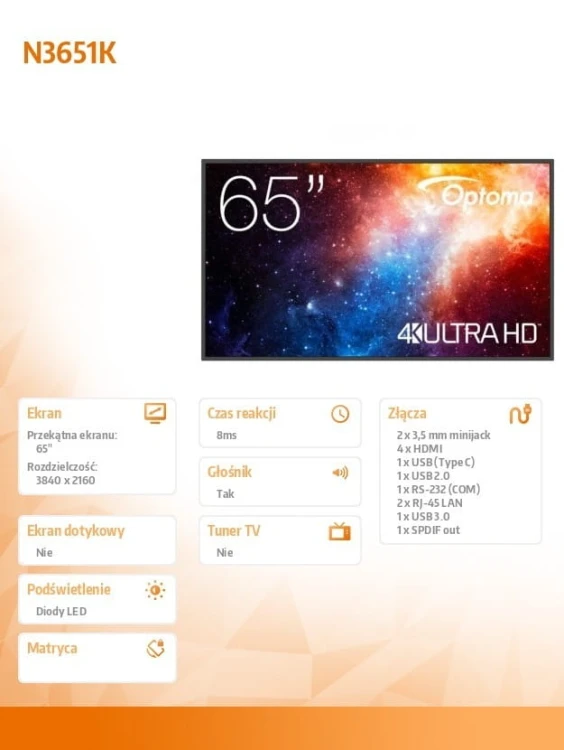 Optoma Monitor wielkoformatowy 65 cali N3651K matowy 24h/7,450cd/m2,USB-C,4K UHD (3840 x 2160),Android 11,Wifi+BT,OMS   kod producenta     H1F2C0FBW10