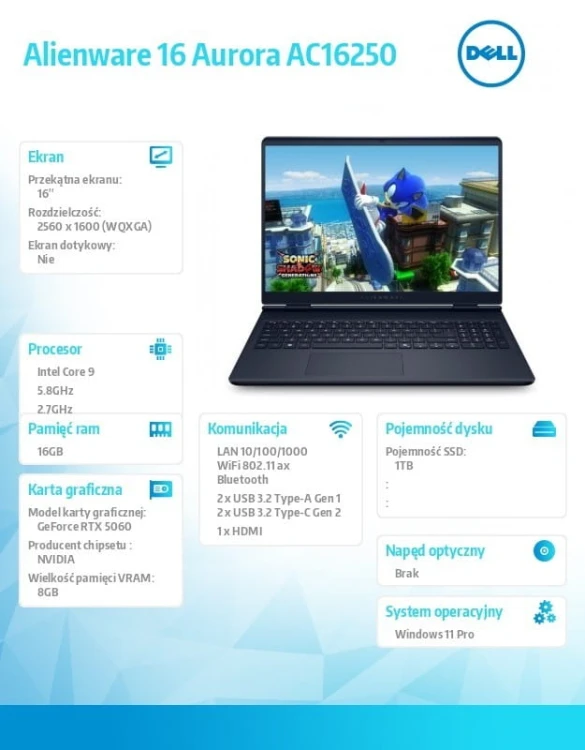 Dell Laptop Alienware 16 Aurora AC16250 Win11Pro C9 270H/16GB/1TB/16.0 WQXGA/GeForce RTX 5060/WLAN + BT/Backlit Kb/6 Cell