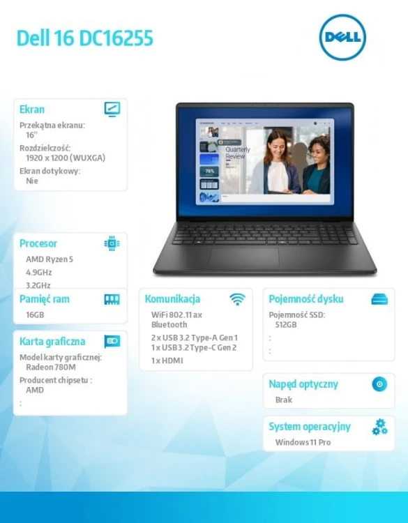 Dell Laptop Dell 16 DC16255 W11P Ryzen 5 220|16GB|512GB|AMD Radeon|FgrPr|WLAN+BT|16.0 FHD+|Backlit Kb|3C|65W|3YPS Carbon Black (Plastic)