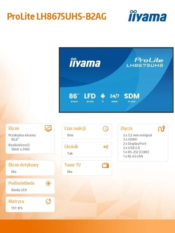 IIYAMA Monitor 86 cali LH8675UHS-B2AG,24/7,IPS,ANDROID.11,4K,  WiFi,         iiSignage2, FailOver, EShare, 24/7, full daisy chain