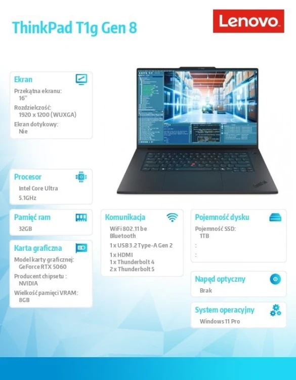 Lenovo Ultrabook ThinkPad T1G G8 21TD0002PB  W11Pro Ultra 7 255H/32GB/1TB/RTX 5060 8GB/16.0 WUXGA/Black/3YR Premier NBD + 3YRS Ci + CO Offset