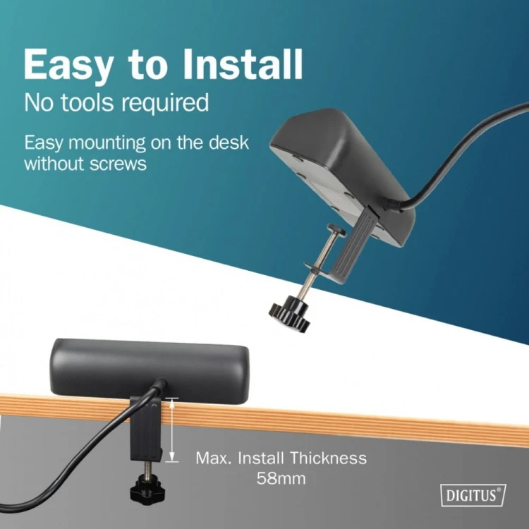 Digitus Listwa zasilająca biurkowa, 3 gniazda Schuko, 2x USB-A (2x 12W), 1x USB-C (30W) z zaciskiem na blat, kabel 1,5m, czarna