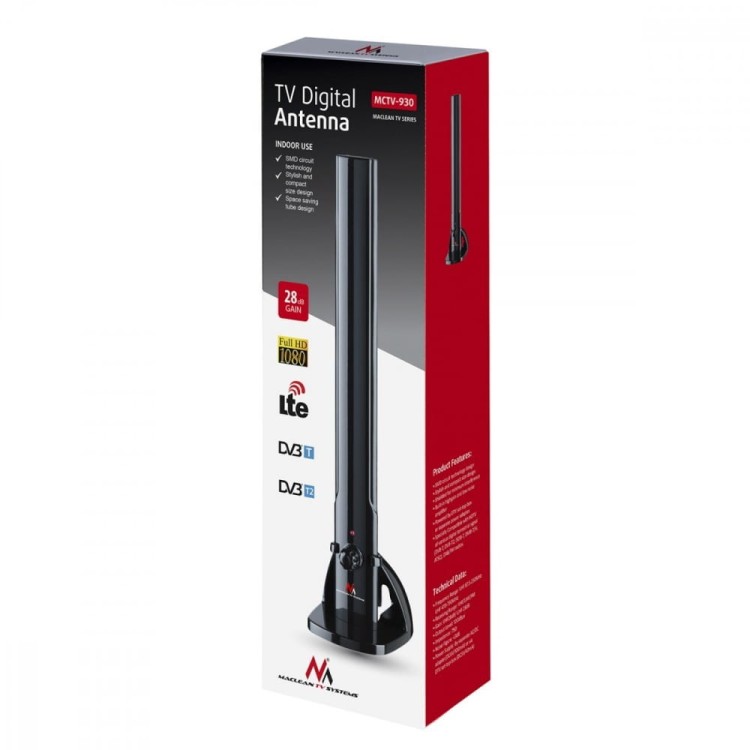 Maclean Antena TV DVB-T/T2 H.265 HEVC tubowa filtr LTE MCTV-930 Czarna