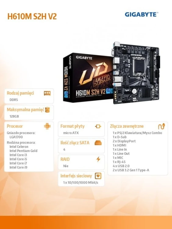 Gigabyte Płyta główna H610M S2H V2 s1700 2DDR 5 DP/HDMI/DSUB M.2 mATX