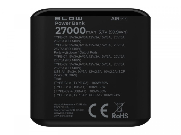 BLOW PowerBank AIR99.9 PD+QC 140W 27000mAh Czarny