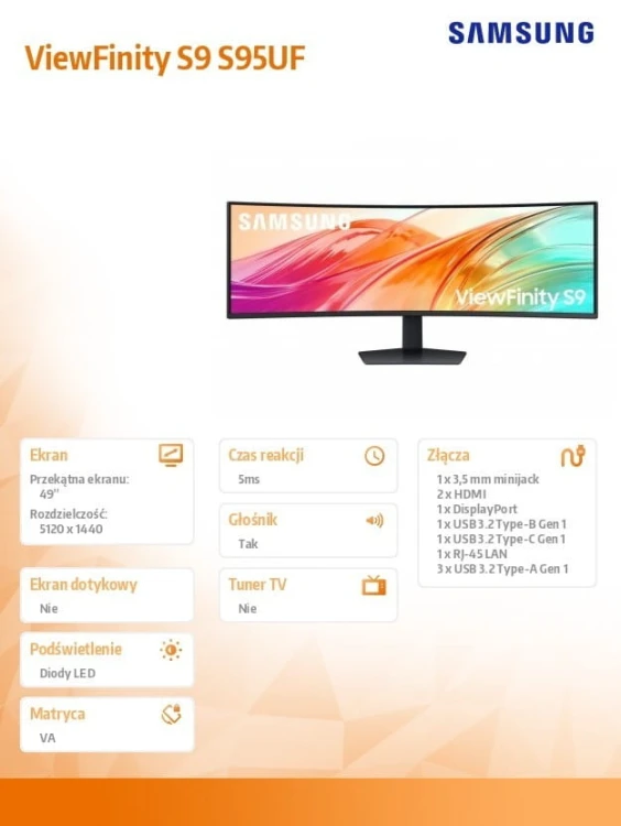 Samsung Monitor wielkoformatowy 49 cali ViewFinity S9 S95UF  LS49F950UAUXEN
