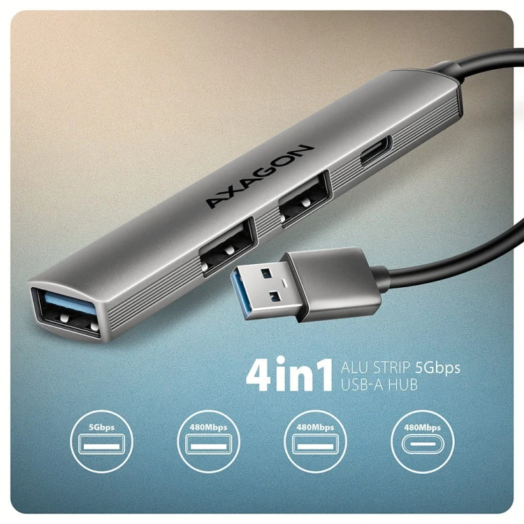 AXAGON HUE-STA HUB 4-portowy 1x USB-A 5Gbps, 2x USB2.0 + 1x USB-C 2.0, 12cm kabel USB-A
