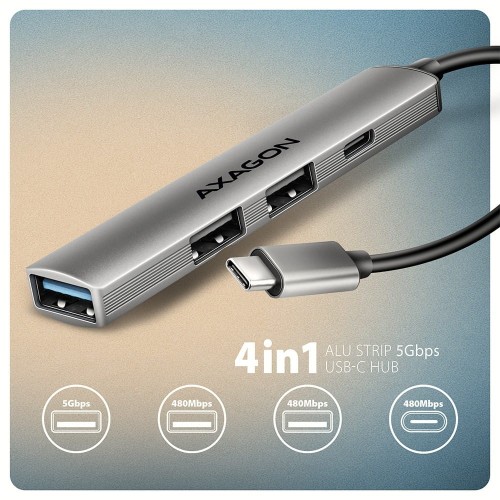 AXAGON HUE-STC HUB 4-portowy  1x USB-A 5Gbps, 2x USB2.0 + 1x USB-C 2.0, 12cm kabel USB-C