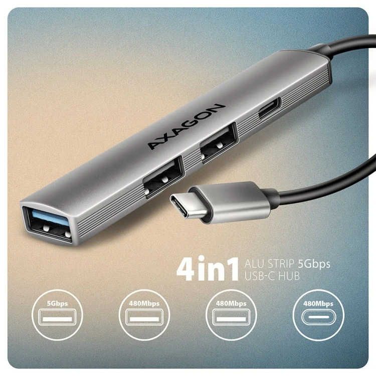 AXAGON HUE-STC HUB 4-portowy  1x USB-A 5Gbps, 2x USB2.0 + 1x USB-C 2.0, 12cm kabel USB-C