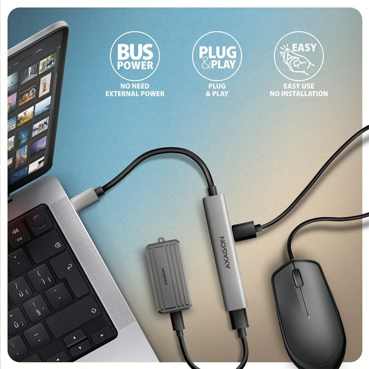 AXAGON HUE-STC HUB 4-portowy  1x USB-A 5Gbps, 2x USB2.0 + 1x USB-C 2.0, 12cm kabel USB-C