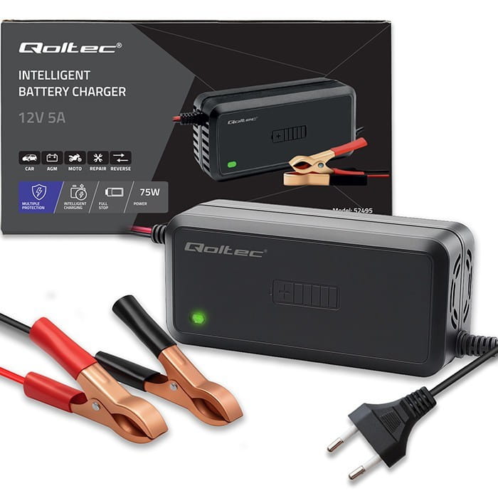 Qoltec Mikroprocesorowa ładowarka 12V | 5A | prostownik do akumulatora  AGM GEL SLA | 6-stopniowe ładowanie