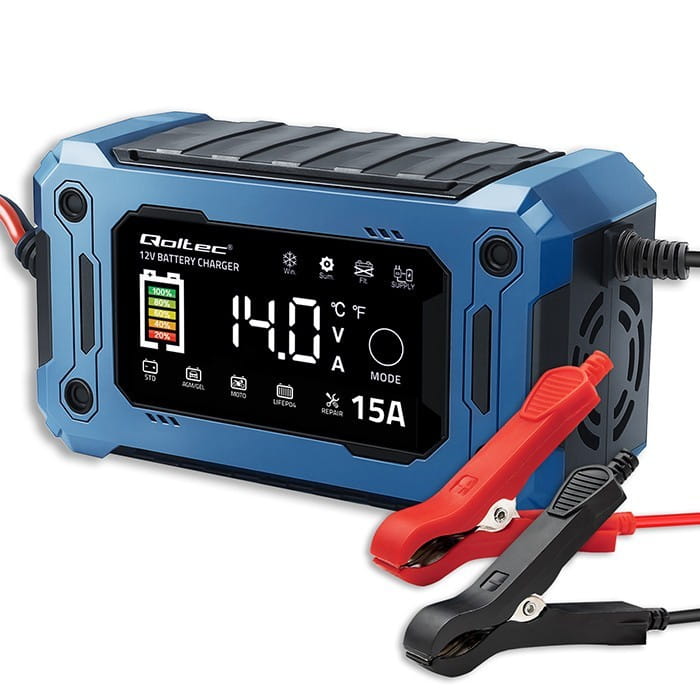 Qoltec Mikroprocesorowa ładowarka 12V 15A | Prostownik z funkcją naprawy i podtrzymania zasilania podczas wymiany akumulatora | do AGM GEL LiFePO4 |